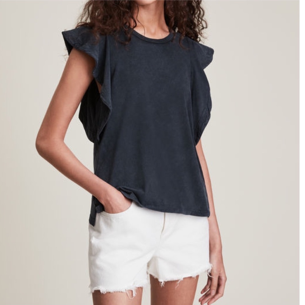 All Saints Lara Ruffle Cami Blouse in Acid Washed Black Size US 2 NWT